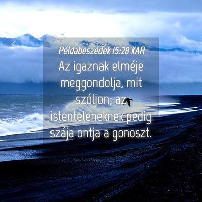 Picture 04 - Példabeszédek 15:28 KAR - Az igaznak elméje meggondolja, mit szóljon; az - Bible Verse Picture