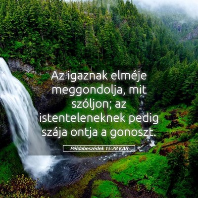 Picture 05 - Példabeszédek 15:28 KAR - Az igaznak elméje meggondolja, mit szóljon; az - Bible Verse Picture
