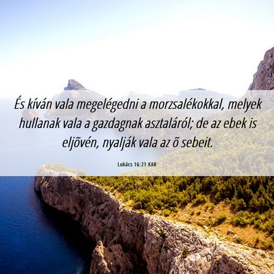 Picture 06 - Lukács 16:21 KAR - És kíván vala megelégedni a morzsalékokkal, - Bible Verse Picture